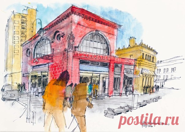 В книге «Городской скетчинг шаг за шагом» Клаус Майер-Паукен приводит примеры своих иллюстраций и рассказывает об их выполнении, перед вами – скетч старой станции Глостер-Роуд, Лондон (карандаш 3B, акварельные краски, скетчбук с гладким белым картоном): ⠀ – мягким карандашом набрасываю первые контуры. Затем в цвете прорабатываю большие участки окон; – линия горизонта и две точки схода за рамками картины помогают в пространственной организации сюжета; – детали, например переплеты больших…