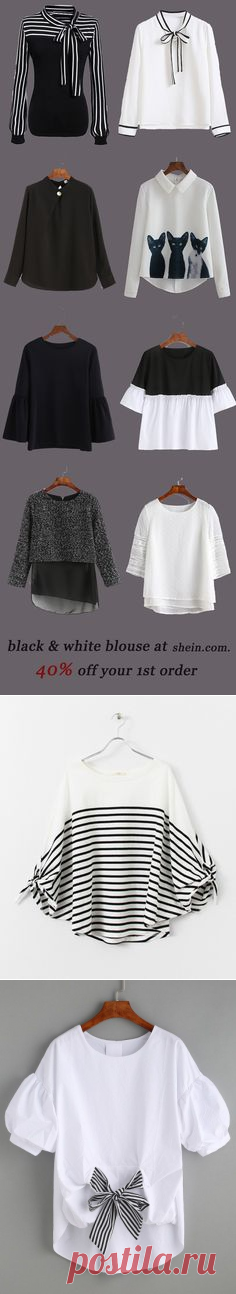 (48) White Striped Tie Front Puff Sleeve Blouse -SheIn(Sheinside)