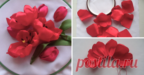 Создаем картину с тюльпанами из лент к 8 марта Этот мастер-класс посвящен празднику 8 марта и весенним цветам-тюльпанам! Я не случайно выбрала красный цвет тюльпанов, у меня 8 марта ассоциируется именно с красными тюльпанами и желтой мимозой. Это будет смешанная техника вышивка и цветоделие. Для вышивки мне потребуется ткань габардин, ленты 5см алого и 2.5 см красного цвета, а так же 2.5 см и 5 см зеленого цвета, нитки, игла, тычинки, пяльца, ножницы, клей.
