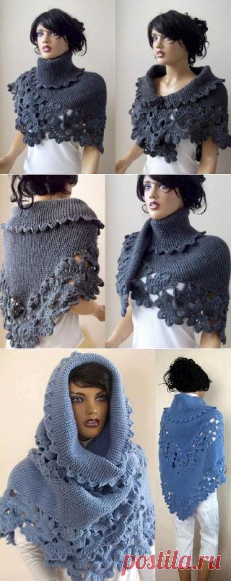 Теплая шаль, бактус (спицы+крючок) с отделкой из ленточного кружева, схема.