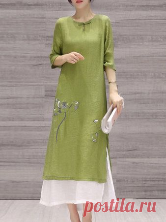 Plain Chiffon 3/4 Sleeve Casual Midi Dress