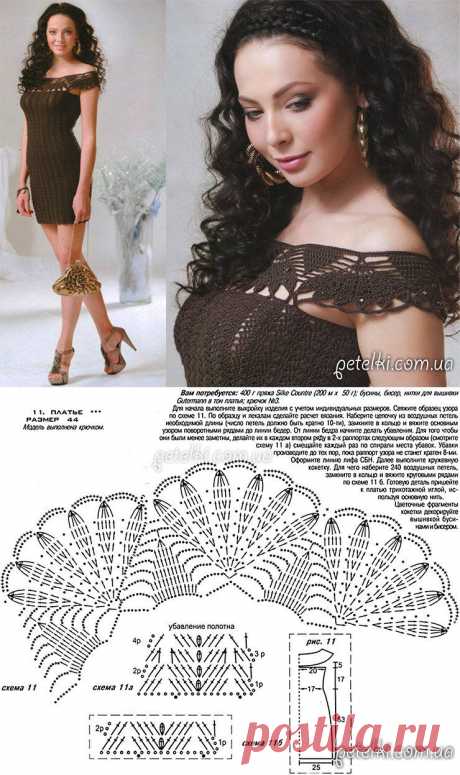 Прямое платье с ажурной кокеткой крючком. Описание, схемы