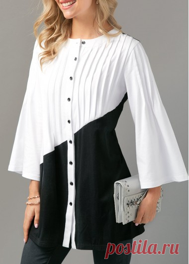 Color Block Pintuck Button Up Blouse | liligal.com - USD $31.11