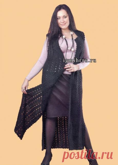 МОДНЫЙ ШАЗЮБЛЬ
Вязание крючком

Размер: 50

Вам потребуется: пряжа (50% шерсть, 50% акрил, 200 м/100 г) - 1000 г черного цвета, крючок № 3,5.

Техника вязания.
Основной узор: вяжите по схеме 1.
Обвязка: вяжите по схеме 2.

ОПИСАНИЕ РАБОТЫ

Внимание! Перед началом работы выполните выкройку в натуральную величину.

Спинка: наберите цепочку из 83 возд. п. + 3 п. подъема и вяжите по схеме 1. Через 106 см вывяжите проймы согласно выкройке. На высоте 132 см от начала вязания раб...