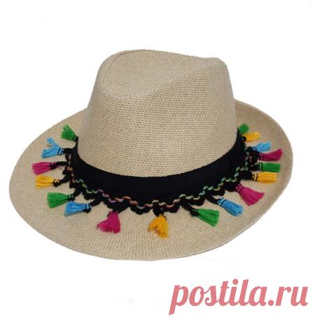 Panama Straw Hat with Colorful Rainbow Tassels Fashion by Craftasy