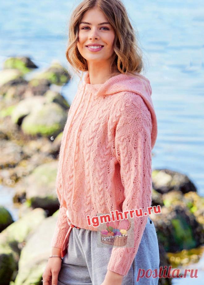 ХУДИ С АЖУРНЫМ УЗОРОМ ИЗ «КОС» И КАПЮШОНОМ. ВЯЗАНИЕ СПИЦАМИ