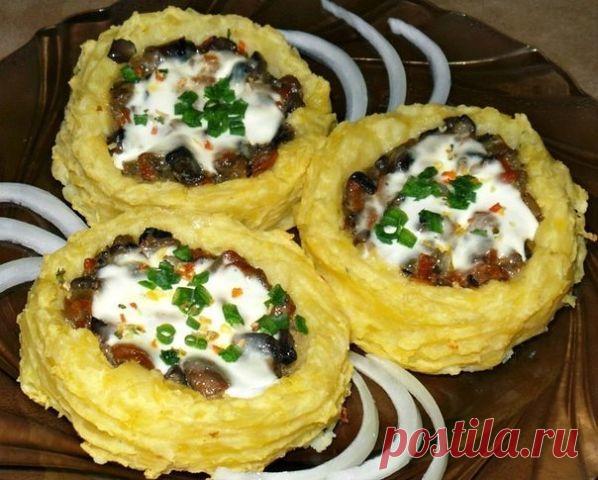 Картофельные гнезда с грибами, в чесночно-сметанном соусе / Социальная погода