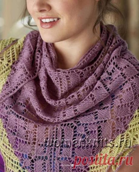 Легкая шаль спицами
Схема: https://womanknits.ru/vyazanie-dlya-zhenshchin/sharfy-snudy-palantiny/legkaya-shal-spicami