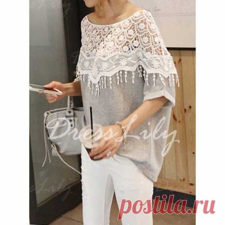 Lace Cutout Shirt Women Handmade Crochet Cape Collar Batwing Sleeve T-shirt, GRAY, ONE SIZE in Tees &amp; T-Shirts | DressLily.com