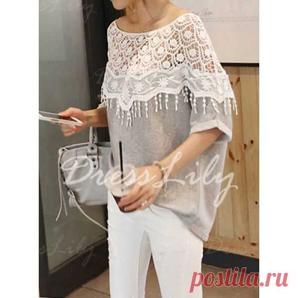 Lace Cutout Shirt Women Handmade Crochet Cape Collar Batwing Sleeve T-shirt, GRAY, ONE SIZE in Tees & T-Shirts | DressLily.com