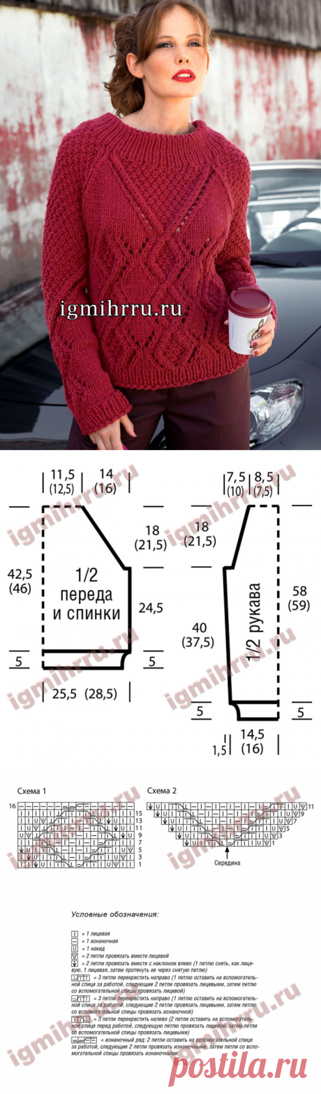 Красный пуловер с миксом выразительных узоров. Вязание спицами