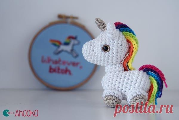 Unicorn with Rainbow Mane Hello! This amazing Tiny Unicorn with rainbow mane belongs to Ahooka (hookamigurumi.com) collections free patterns. There are precisely described all details in written pdf - how to crochet unicorn - materials: white and golden yarn, blue, rose, purple etc. - colors of mane, hook number, and all important informations. The