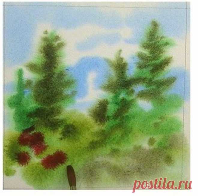 ​Рисуем с детьми ёлки акварелью