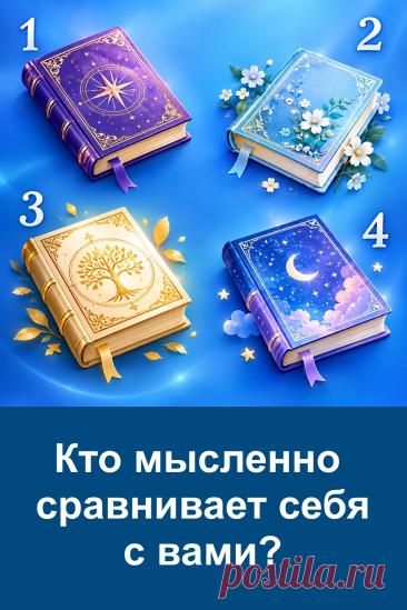 Человек может спокойно общаться с нами, улыбаться и ничего не показывать, но внутри невольно сравнивать себя с нами. Кто это может быть? Этот тест предлагает посмотреть на знакомых людей с другой стороны. Перед вами четыре книги, каждая связана с отдельным вариантом трактовки. Не спешите, внимательно рассмотрите картинку и прислушайтесь к первому впечатлению. Возможно, описание неожиданно напомнит вам конкретного человека.