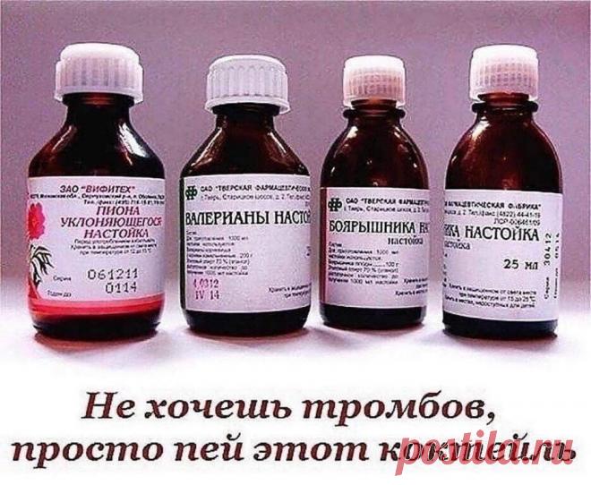 Не хочешь тромбов, просто пей этот коктейль
Народная медицина предлагает универсальный коктейль от многих заболеваний. Нужно смешать в одной бутылке (желательно тёмного стекла) аптечные настойки: • по 100 мл. пустырника, • валерианы, • боярышника, • пиона уклоняющегося, • 50 мл. листа эвкалипта и • 25 мл. травы мяты перечной
Добавьте 10 бутонов гвоздики (пряность при не переносимости можно не добавлять) корвалол по желанию.. Настаивайте смесь 2 недели.
Принимать 3 раза в день по 1 ч. л. в 1/3
