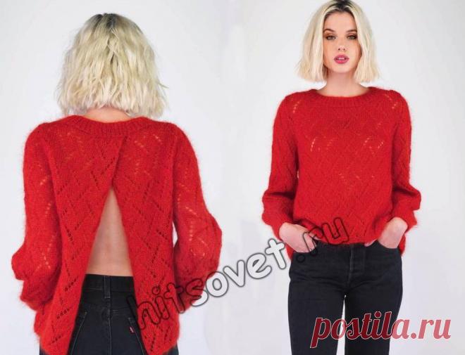 Джемпер с вырезом на спине - Хитсовет Модный красный джемпер с вырезом на спине со схемой и пошаговым бесплатным описанием вязания.