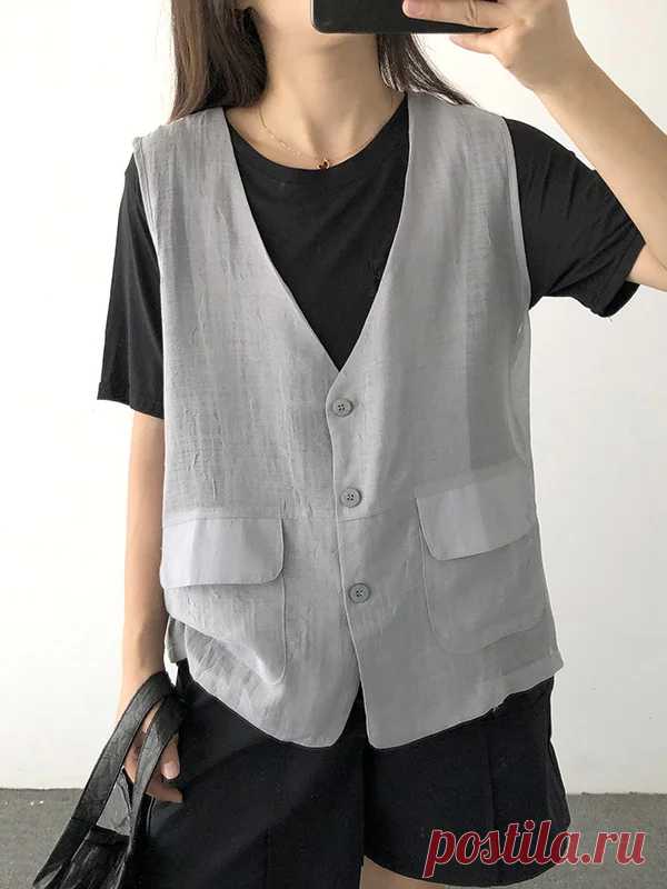 Simple Casual Linen Solid Color V-Neck Vest Outwear