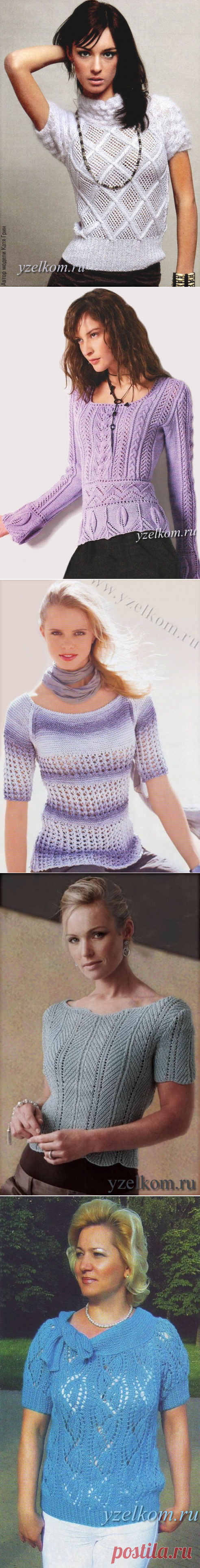 Блузон ажурный с рукавами реглан Пуловер ажурный с воротничком Пуловер с разрезными рукавами Кофточка реглан с ажурными ромбами Пуловер узором косы и листики Пуловер с ажурными листьями на кокетке Кофточка с ажурными кругами крючком Пуловер меланжевый Кофточка с открытыми рукавами Кофточка структурным узором ёлочка