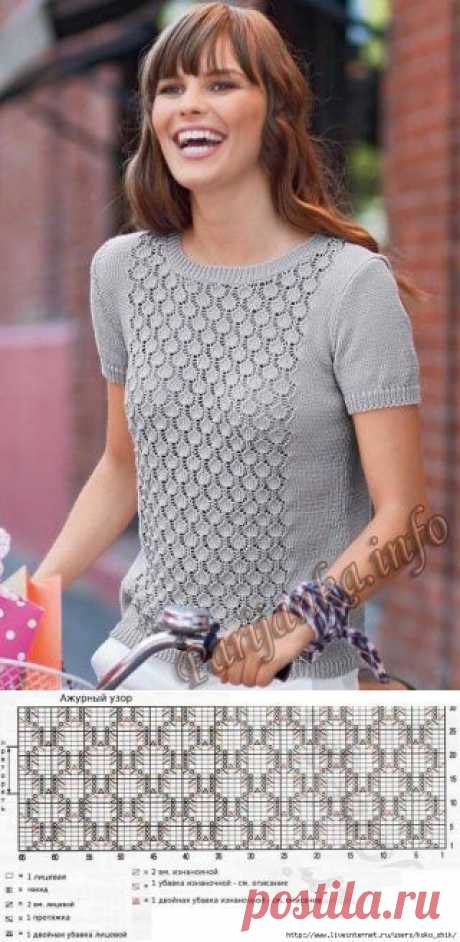 Джемпер спицами с коротким рукавом с ажурной вставкой (сайт "Парижанка")
