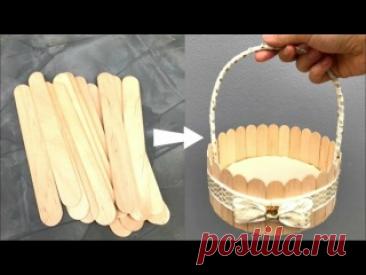 Простая корзинка своими руками из палочек для мороженого