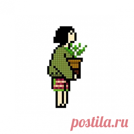 a pixellated image of a woman holding a potted plant in one hand and wearing a green sweater on the other