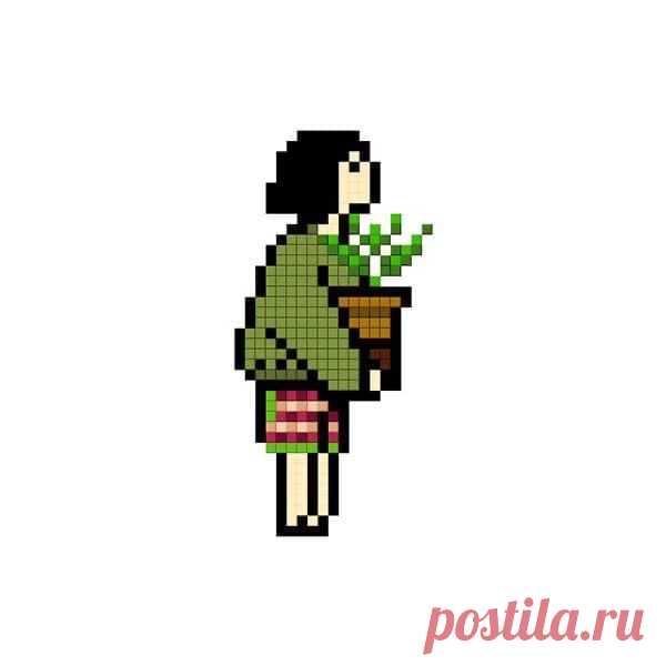 a pixellated image of a woman holding a potted plant in one hand and wearing a green sweater on the other