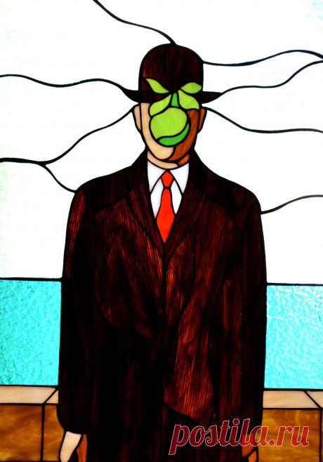 Stained glass panel Son of man Rene Magritte painting Handmade stained Window/wall hanging panel made of stained glass pieces.Reproduction of Rene Magritte famous picture "Son of man".Handmade using Tiffany copper foil technique.Looks amazing in the sunlight.Framed with brass profile.You will get it completely ready for installation. It comes with a clear self-adhesive hook and copper cha