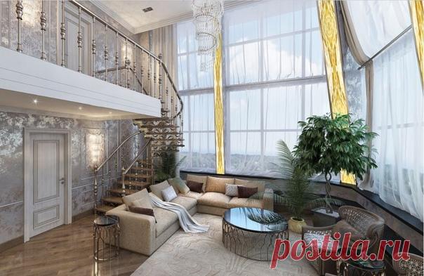 В гостиной использовалась широкая гамма серых и серебристых оттенков. Дополнительным украшением является элегантная лестница с фигурными металлическими балясинами. Обращает на себя внимание также встроенный современный камин в перегородку!