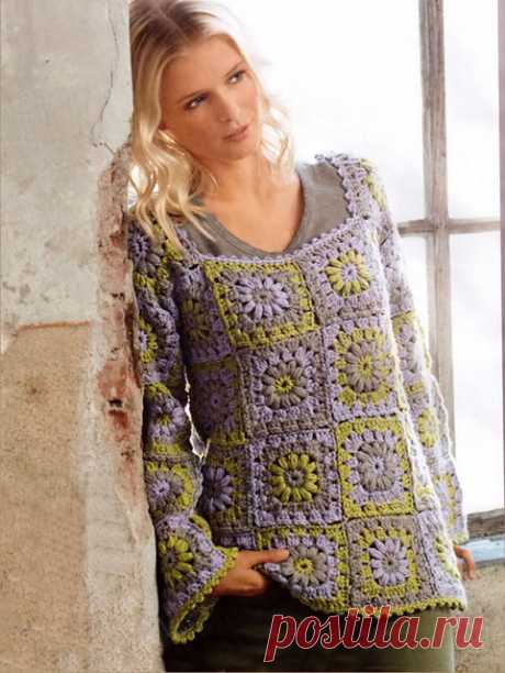 Кофта из бабушкиного квадрата Полевка крючком – схема вязания с описанием для начинающих и опытных