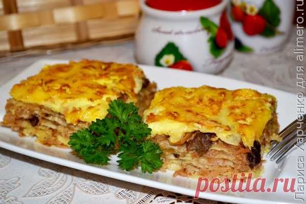 Пирог из лаваша с капустой и белыми грибами