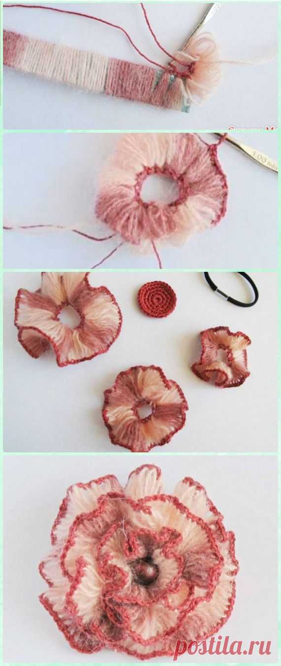 Вязание Broomstick кружева цветок Free Pattern - Вязание 3D Flower Motif Бесплатные шаблоны