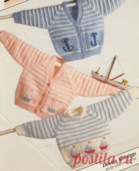 vintage knitting pattern for dk baby cardigans and jumper nautical theme anchor and ships 16-20 inches This item is a PDF file of the knitting pattern for these gorgeous baby items.    Lovely nautical cardigans and sweater design.    The pattern will be available for download upon receipt of payment, for you to print out or read from your computer.    The pattern calls for double knitting yarn and 3.25 and 4mm needles..