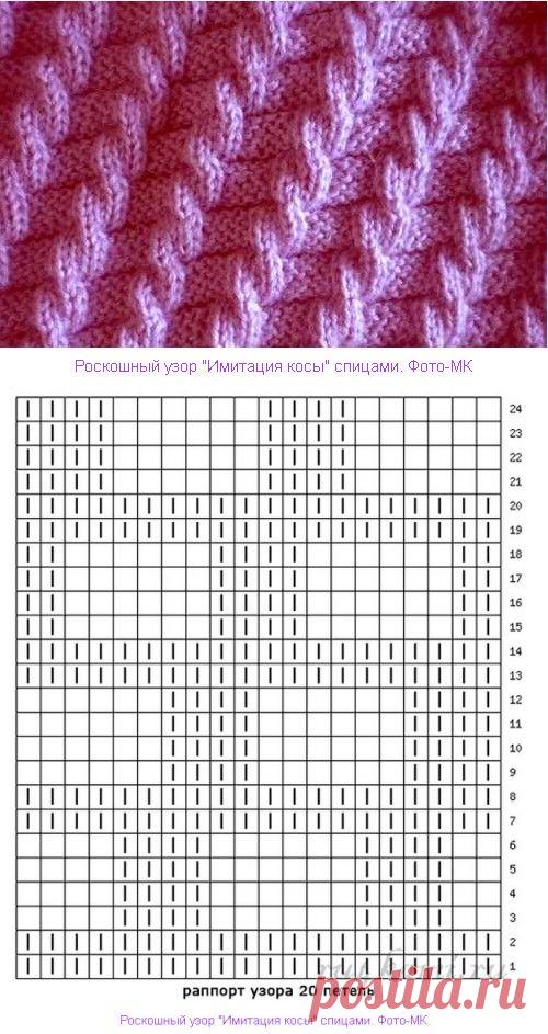 Роскошный узор "Имитация косы" спицами. Фото-МК