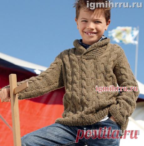 Для мальчика 7-13 лет. Пуловер с «косами» и шалевым воротником. Вязание спицами для детей