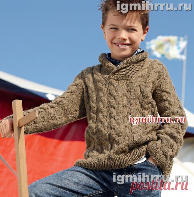 Для мальчика 7-13 лет. Пуловер с «косами» и шалевым воротником. Вязание спицами для детей