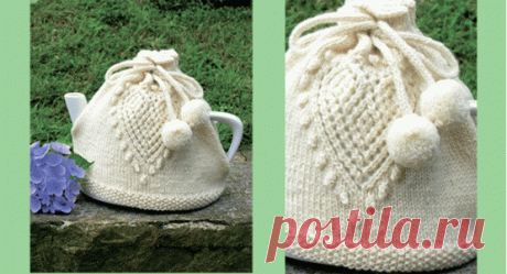 Грелка на заварочный чайник с ажурным сердечком. Спицами. / svyazanospicami.ru