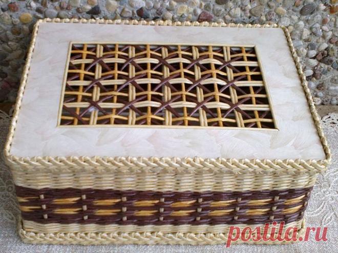 Плетение из газет. Мастер-класс на крышку с цветным узором из трубочек.