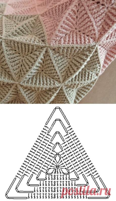 Textured Triangle Crochet Pattern Diagrams for Blankets ⋆ Crochet Kingdom Textured Triangle Crochet Pattern Diagram. This easy triangle crochet pattern can easily be turned into a beautiful textured blanket, rug, pillow and anything else you can imagine. This triangle creates a 3D effect. Here is a version of a crochet triangle motif with a flower in the middle. More Patterns Like This!