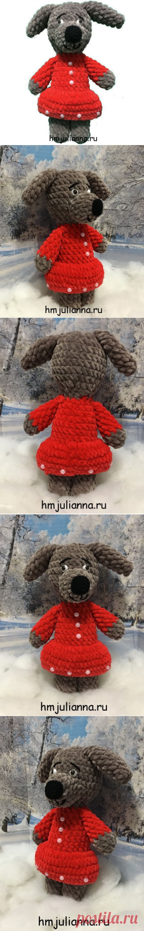 Игрушка собака в платье, красном связанное крючком, 24 см Купить.Мастерская рукоделия Анны Ганоцкой
