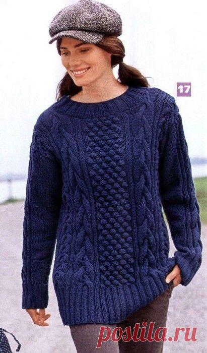 ВЯЖЕМ ПУЛОВЕР С КРУПНЫМИ РЕЛЬЕФАМИ

Размеры: 38 (40/42) 44
Вам потребуется: 550 (700) 750 г темно-синей пряжи Sjperlana (100% меринасово-овечьей шерсти, 110 м/50 г); прямые спицы № 4,5 и N°. 5; круговые спицы №4,5 и №5.
Резинка, спицы № 4,5: кром., * 1 лиц., 2 изн., 1 лиц., повторять от *. кром. В изн. р. петпи вязать по рисунку.
Все остальные узоры вязать спицами № 5.

Лицевая гладь:лиц. р.-лиц. п., изн.
Изнаночная гладь: лиц. р. – изн. п.. изн. р. – лиц. п.
Коса А ширино...