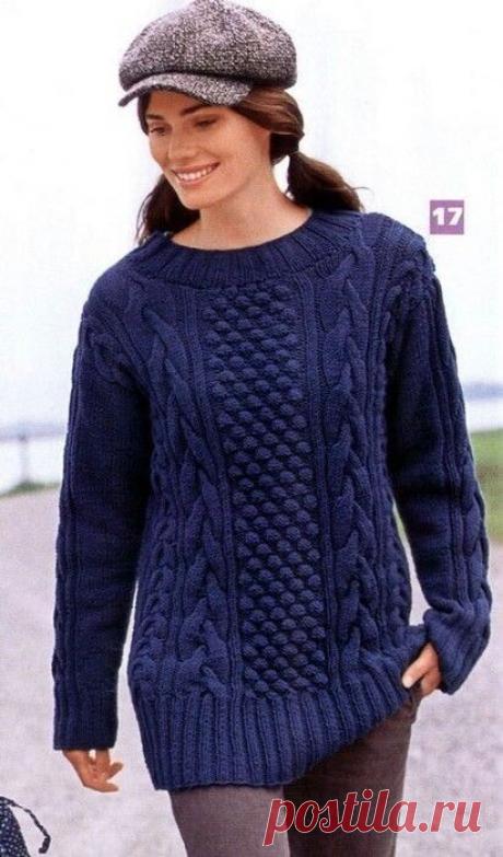 ВЯЖЕМ ПУЛОВЕР С КРУПНЫМИ РЕЛЬЕФАМИ

Размеры: 38 (40/42) 44
Вам потребуется: 550 (700) 750 г темно-синей пряжи Sjperlana (100% меринасово-овечьей шерсти, 110 м/50 г); прямые спицы № 4,5 и N°. 5; круговые спицы №4,5 и №5.
Резинка, спицы № 4,5: кром., * 1 лиц., 2 изн., 1 лиц., повторять от *. кром. В изн. р. петпи вязать по рисунку.
Все остальные узоры вязать спицами № 5.

Лицевая гладь:лиц. р.-лиц. п., изн.
Изнаночная гладь: лиц. р. – изн. п.. изн. р. – лиц. п.
Коса А ширино...