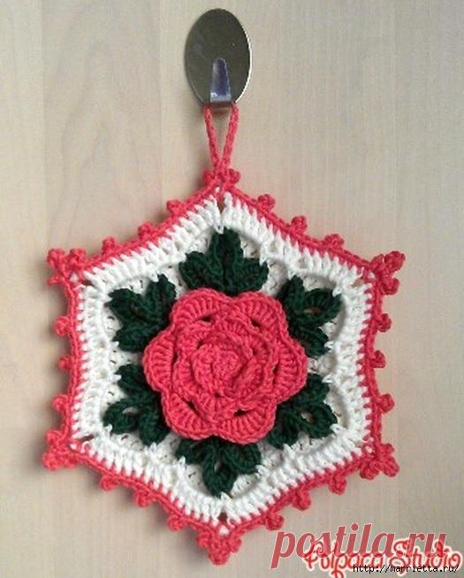 Вязание крючком. Розы и Прихватка с объемной розой