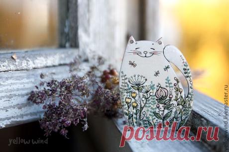 Купить брошь herbal cat - бежевый, розовый, зеленый, брошь, брошка, кот, кошка, травы