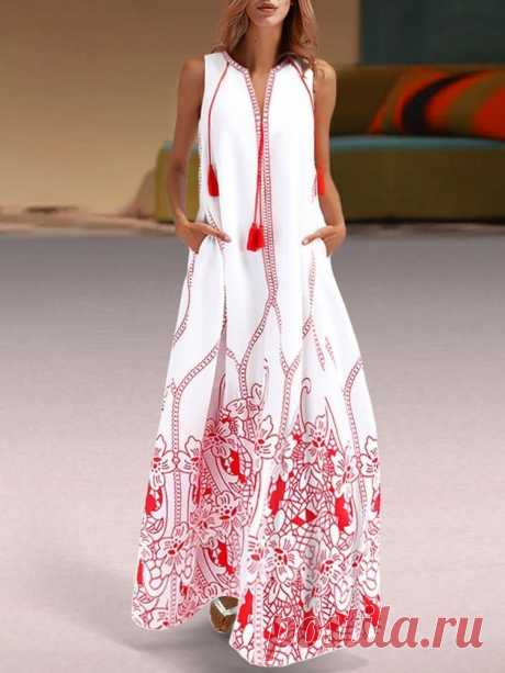 V-NECK SLEEVELESS ANKLE-LENGTH A-LINE FASHION DRESS #Dress #Leatrend