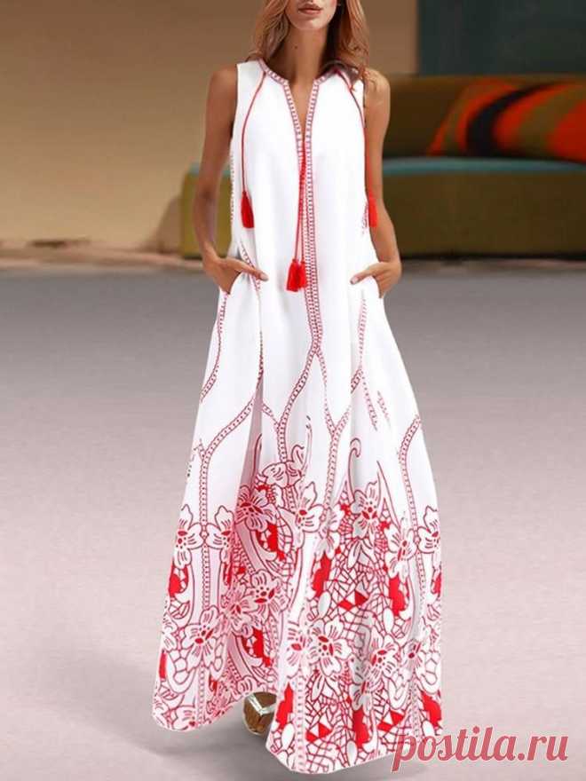 V-NECK SLEEVELESS ANKLE-LENGTH A-LINE FASHION DRESS #Dress #Leatrend