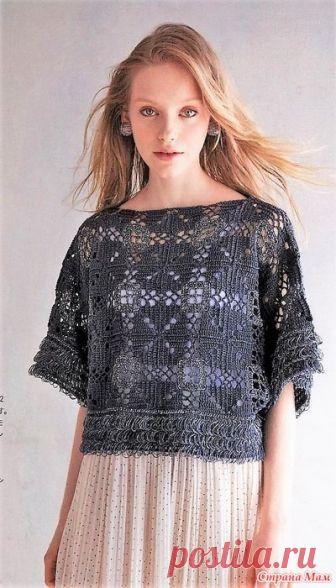Ажурная кофточка из квадратных филейных мотивов. Крючок.
