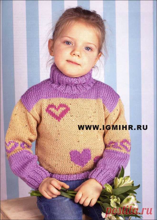 Детский свитер с сердечками. Спицы.