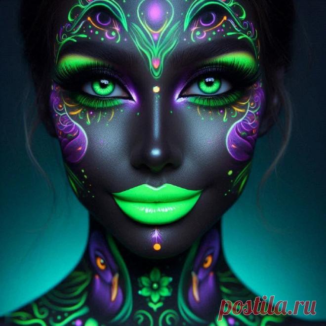 Необычный образ: неоновые татуировки и яркий макияж на фоне темноты. Генерация из нейронной сети Dalle - Dalle примеры промтов - Форум ИИ о нейросетях - Yes Ai