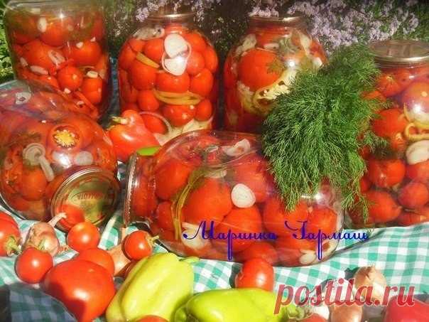 Помидоры(рецепт на пробу)
Автор: Марина Гармаш

На одну 3-х литровую банку:

2 лавровых листа

3 горошины душистого перца

5 горошин черного перца

5 бутонов гвоздики

укроп

репчатый лук(я взяла обычную лук шалот)

1-2 шт сладкого перца

помидоры

Приготовление:

-В чистые банки,на дно положить все специи,лук и перец 

нарезать колечками,уложить помидоры чередуя 

перцем,кольцами лука и веточками укропа.

-Заливаем первый раз кипятком на 10-15 минут

-Воду сливаем,измеряе...