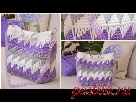 Красивая вязаная сумочка из полиэфирного шнура. Популярный узор. Простой урок по вязанию крючком